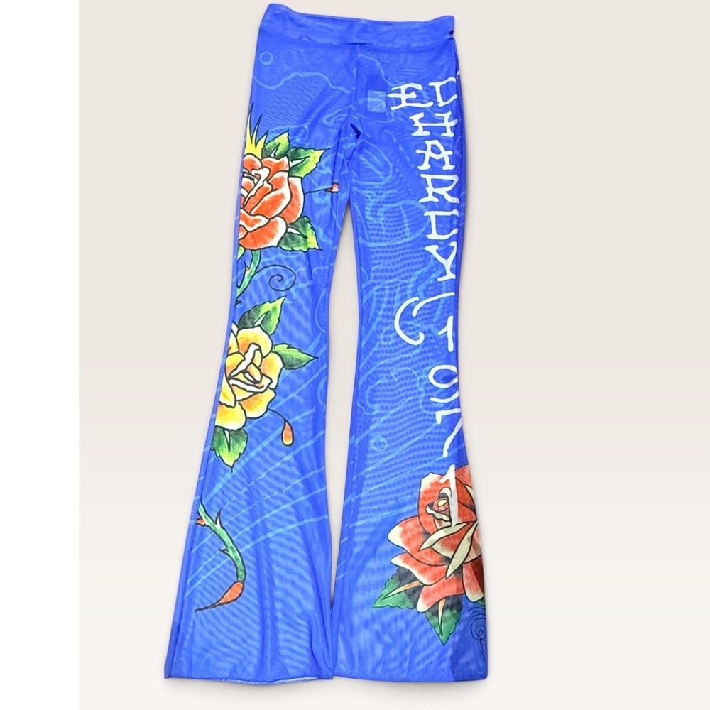 Ed Hardy Blue Mesh Swim Cover Up Pants Rose Tattoo Print Flare Y2K Small NEW
